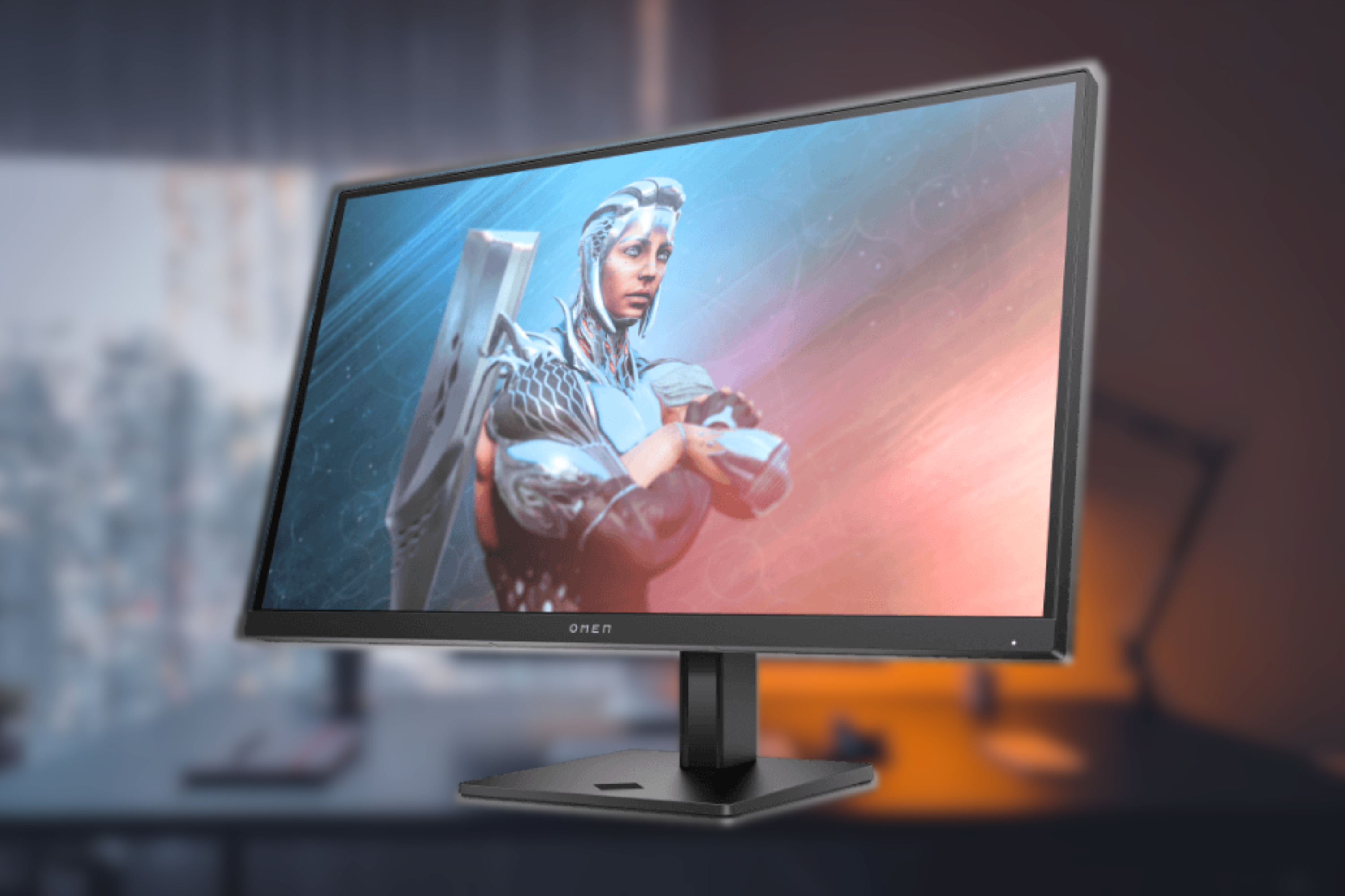 HP OMEN 27q QHD 165Hz Gaming Monitor on blurred background of desk