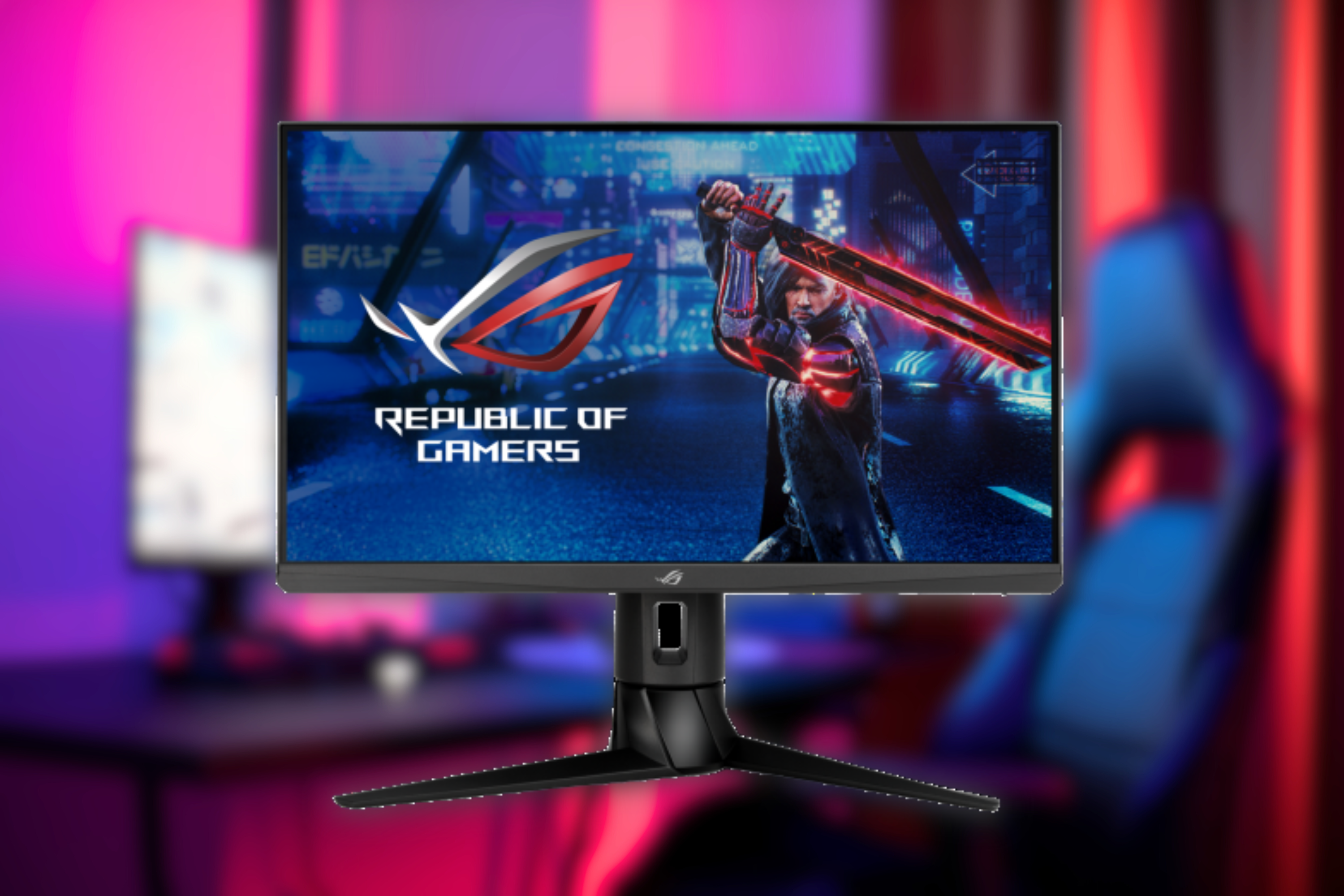Asus XG249CM monitor in front of gaming chair 