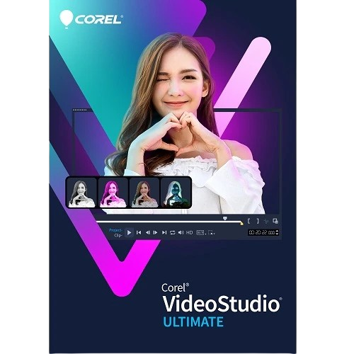 Una representación de la tarjeta de descarga de Corel VideoStudio Ultimate sobre un fondo transparente.