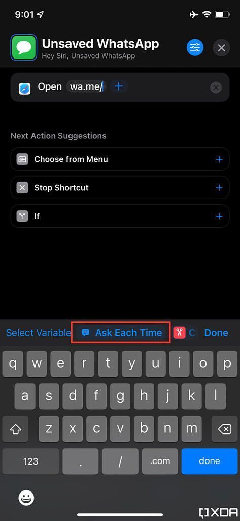 ask each time button in shortcut