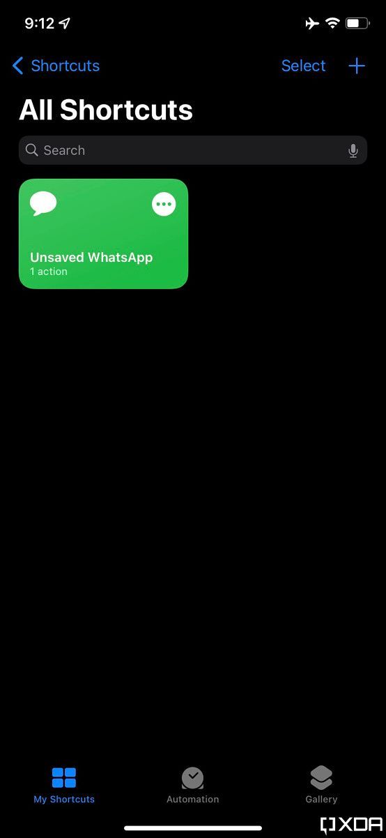 unsaved WhatsApp shortcut in shortcuts app