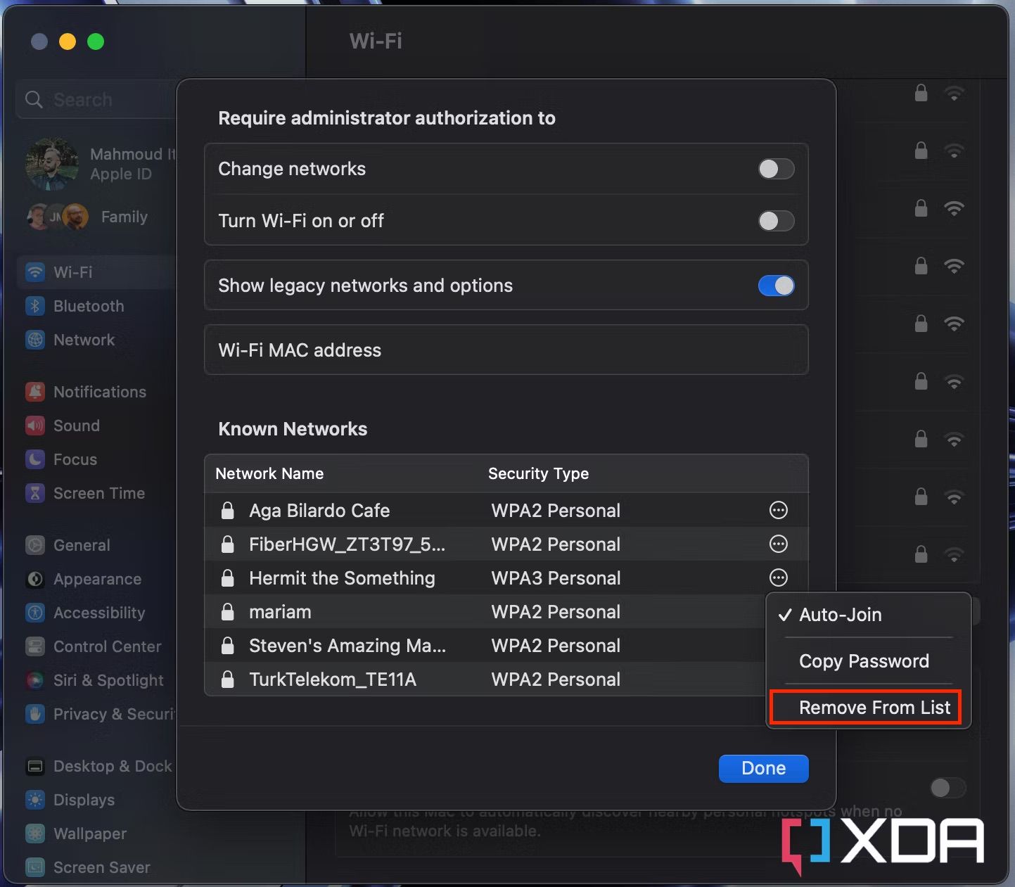 remove from list button in advanced wifi settings on macOS
