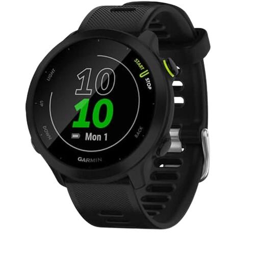 Una representación que muestra el Garmin Forerunner 55 en color negro.