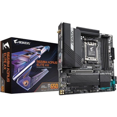 Una representación de la placa base para juegos Gigabyte B650m Aorus Elite AX.