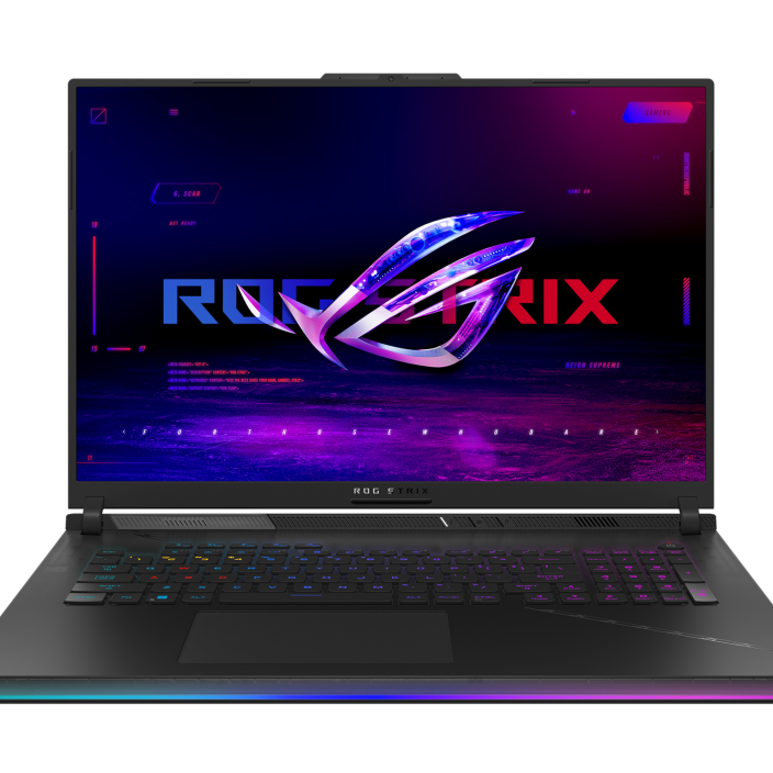 Una representación del ASUS ROG Strix Scar 18 visto desde el frente con un fondo transparente.