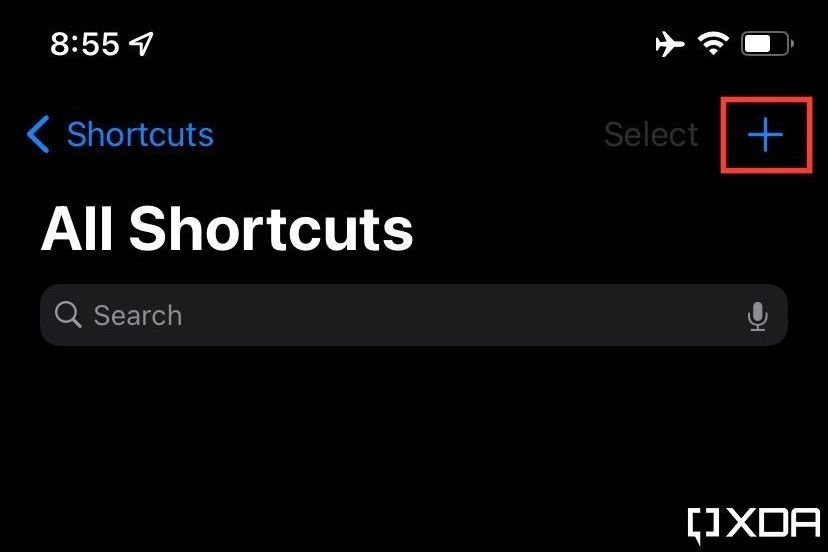 shortcuts on iOS showing plus button to create new shortcut