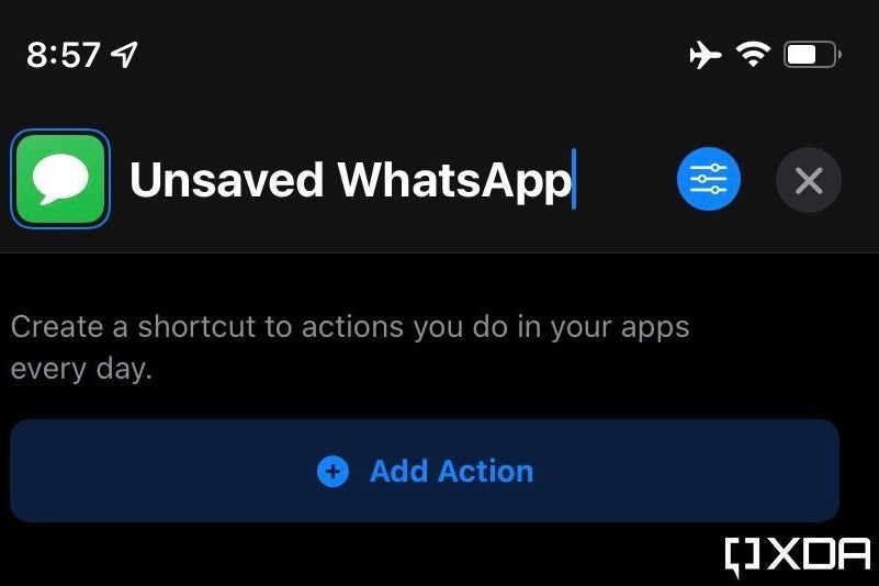shortcuts on iOS showing a shortcut called unsaved WhatsApp with a green message bubble icon