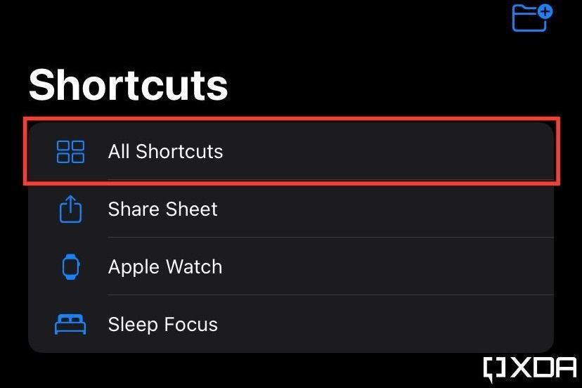 shortcuts app on iOS showing all shortcuts section