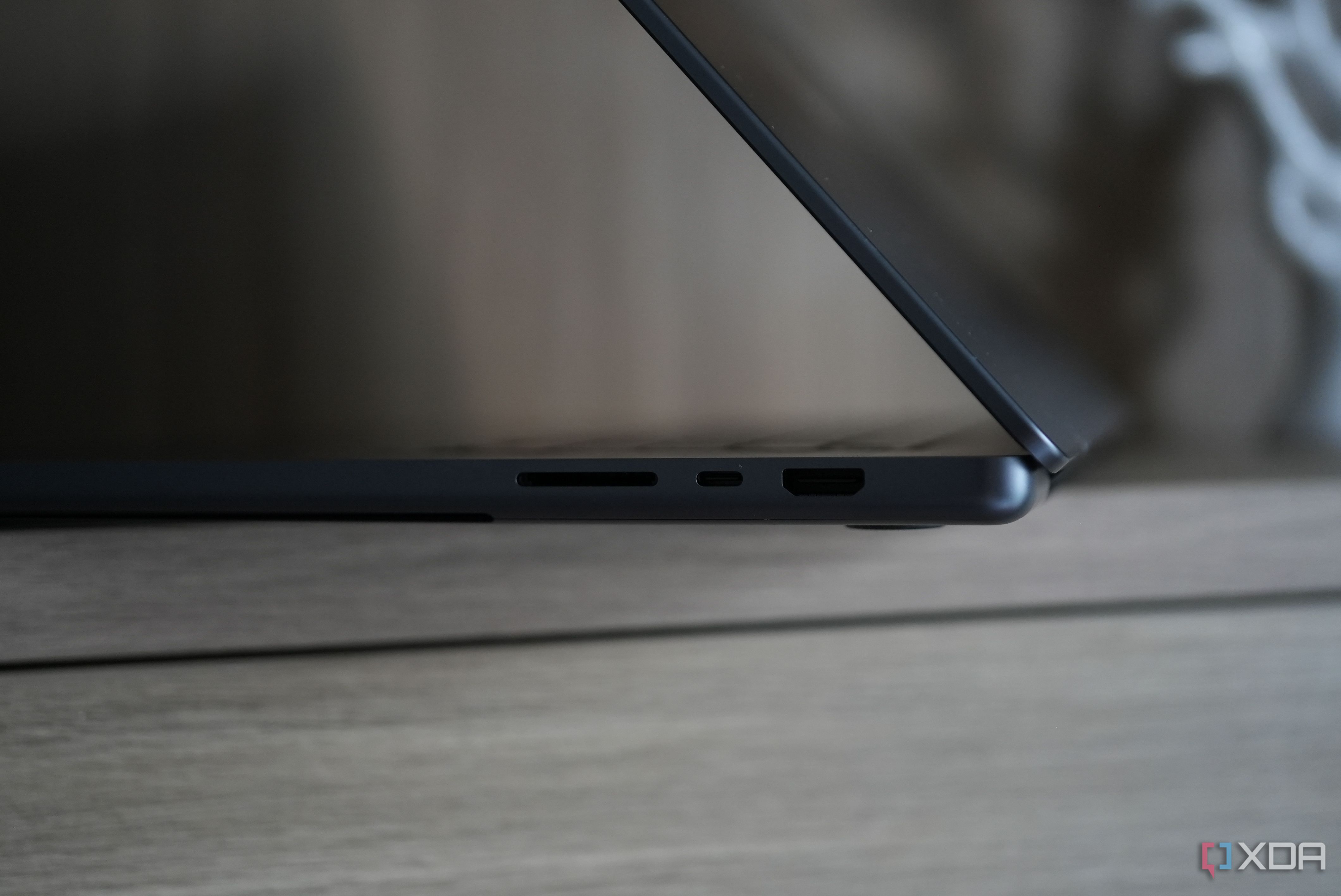 The right side of the MacBook Pro with HDMI, SD card and USB-C ports.