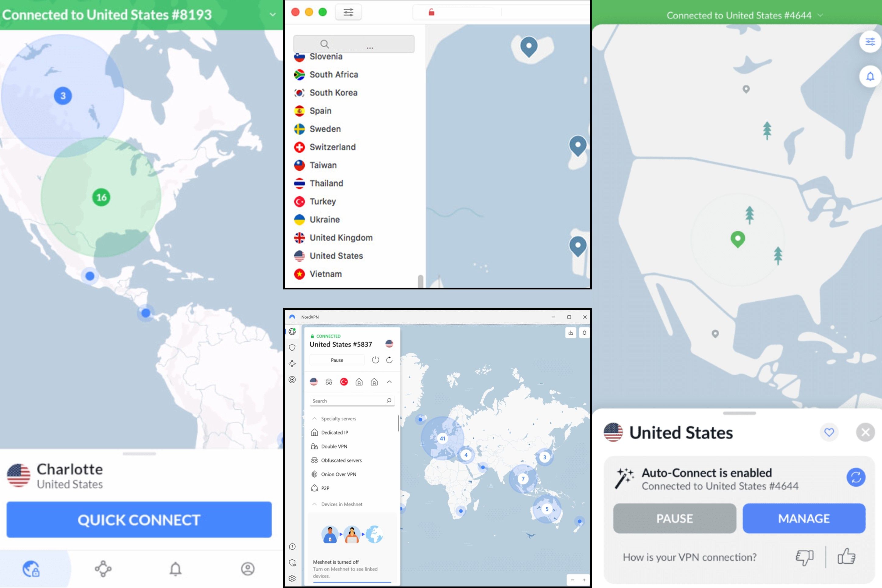 NordVPN interfaces on Android, Mac, Windows, and iOS