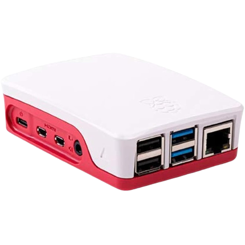 Carcasa roja y blanca para Raspberry Pi 4, vista en ángulo