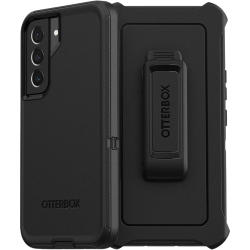 A redner showing the OtterBox Defender case for Galaxy S22 in black color.