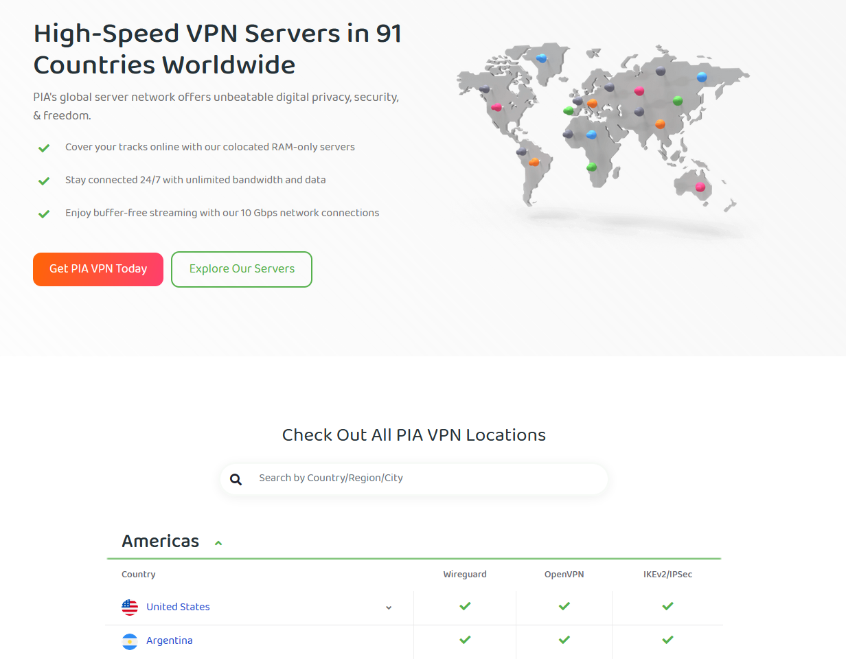 Una captura de pantalla de una publicidad de una lista de países en el sitio web de Private Internet Access.