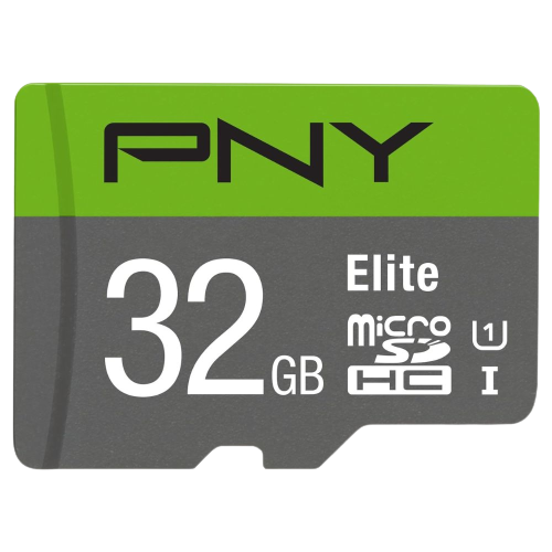 Una representación que muestra una tarjeta microSDHC PNY Elite en color verde y gris.