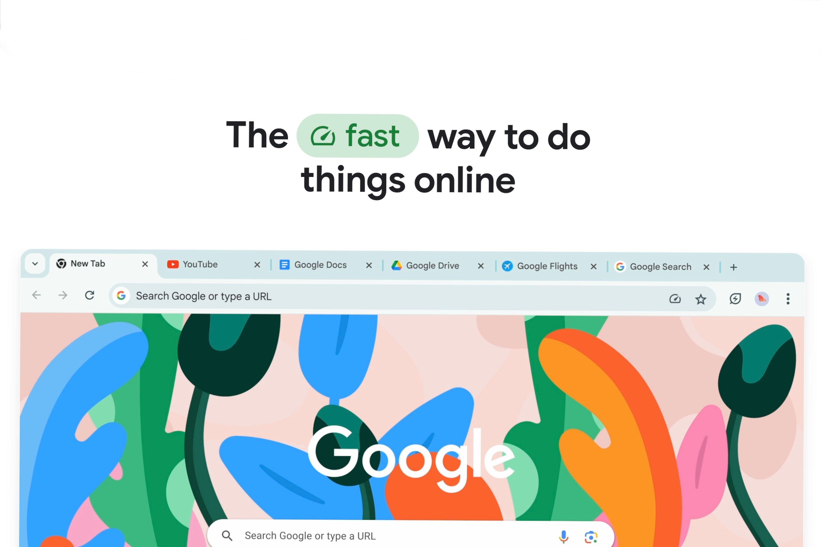 Página principal de Google Chrome con la frase "la forma rápida de hacer cosas en línea" indicada