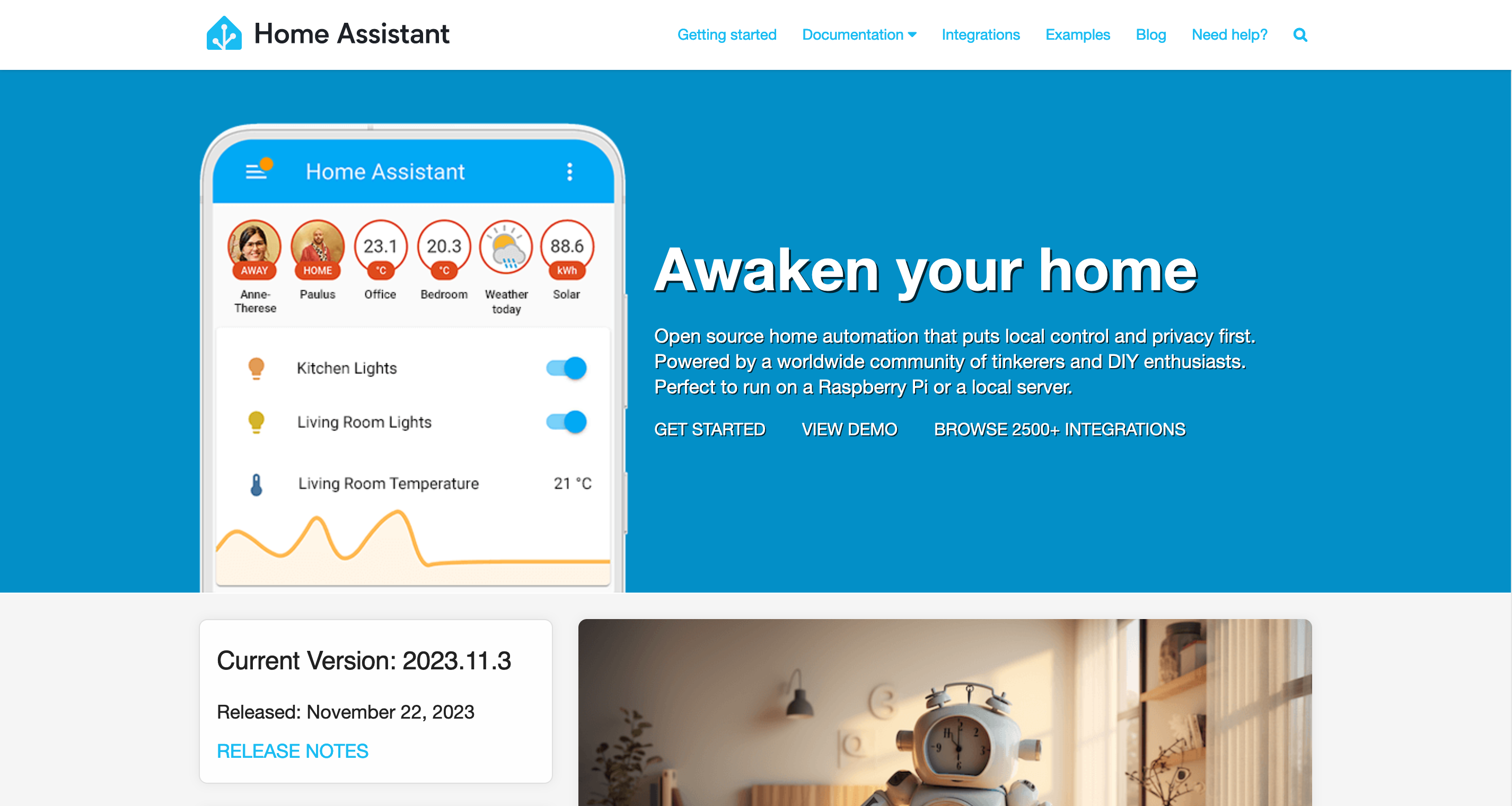 Una captura de pantalla del sitio web de Home Assistant