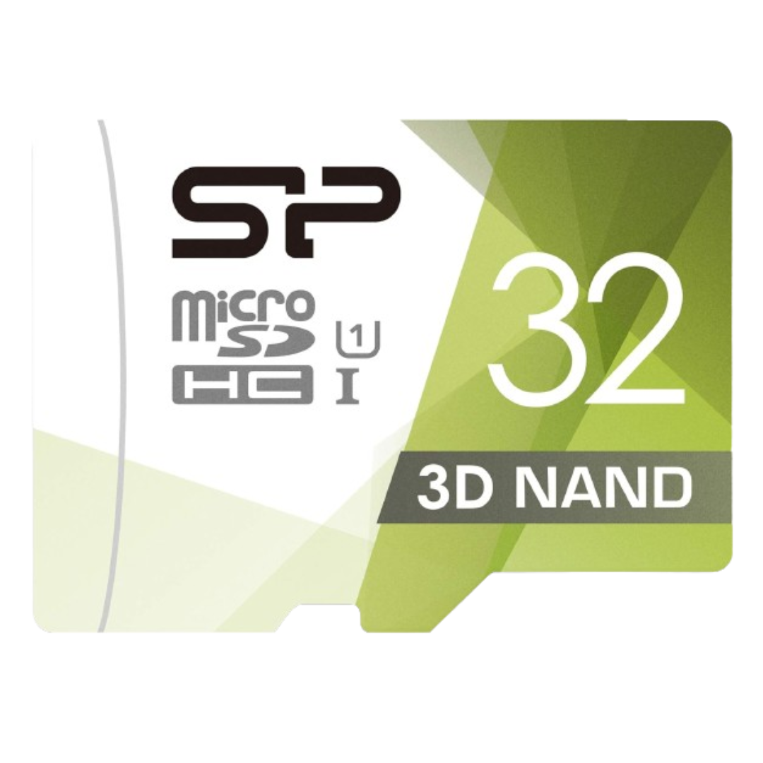 Vista frontal de la microsd nand 3d de silicio blanco y verde