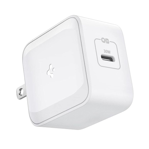 A render showing the Spigen 30W GaN charger in white color.