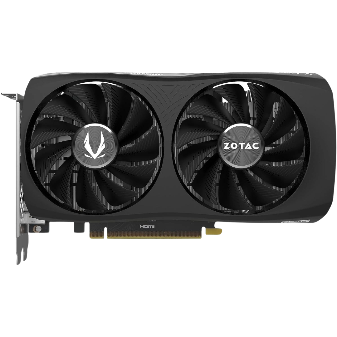 Una GPU RTX 4060 negra de Zotac con diseño Twin Edge y dos ventiladores