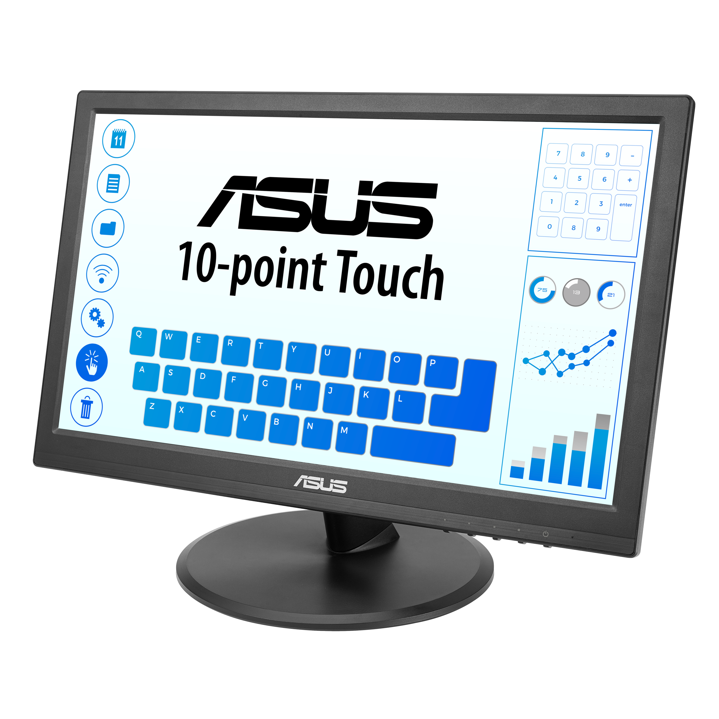 A render of the ASUS VT168HR 15.6-inch Touchscreen Monitor on a transparent background. The monitor is viewed from head-on and is angled to the right of the image. 