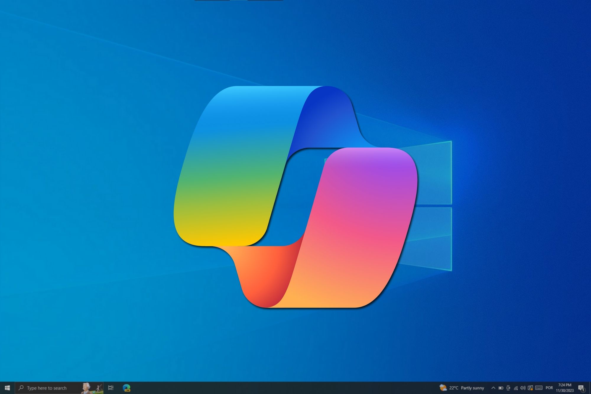 Screenshot of a Windows 10 desktop with the Copilot logo overlaid on top