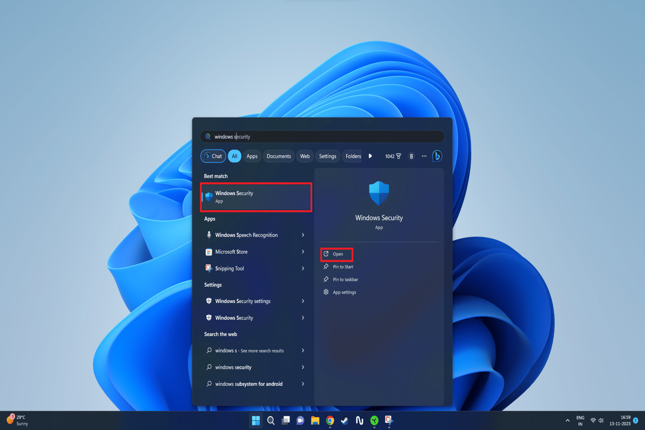 La imagen muestra el menú de inicio de Windows 11 que muestra los resultados de búsqueda de "seguridad de Windows", con la aplicación Seguridad de Windows resaltada como la mejor coincidencia y una opción para abrirla.