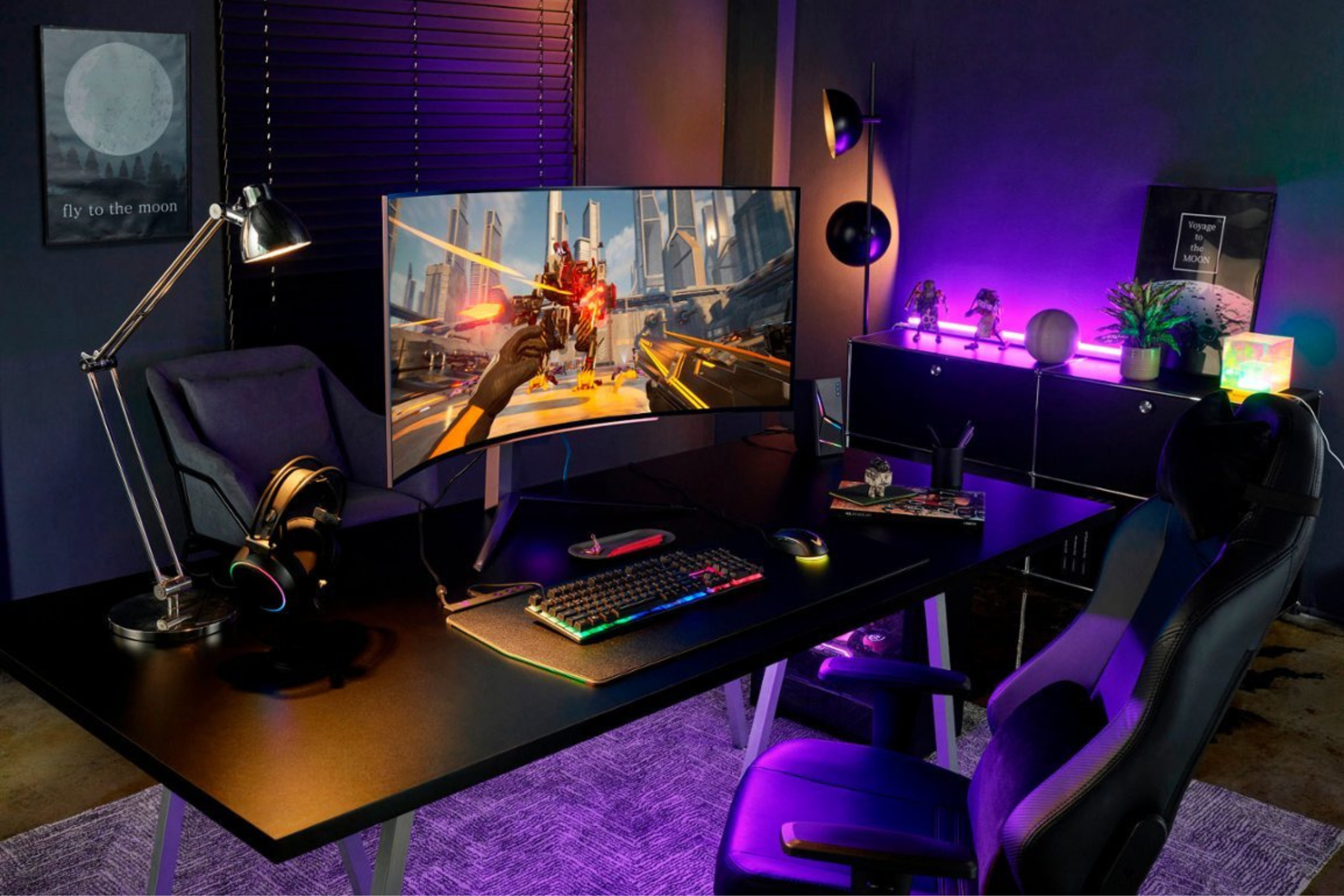 LG UltraGear 45” OLED Curved Gaming Monitor on desk in gaming room with RGB lighting