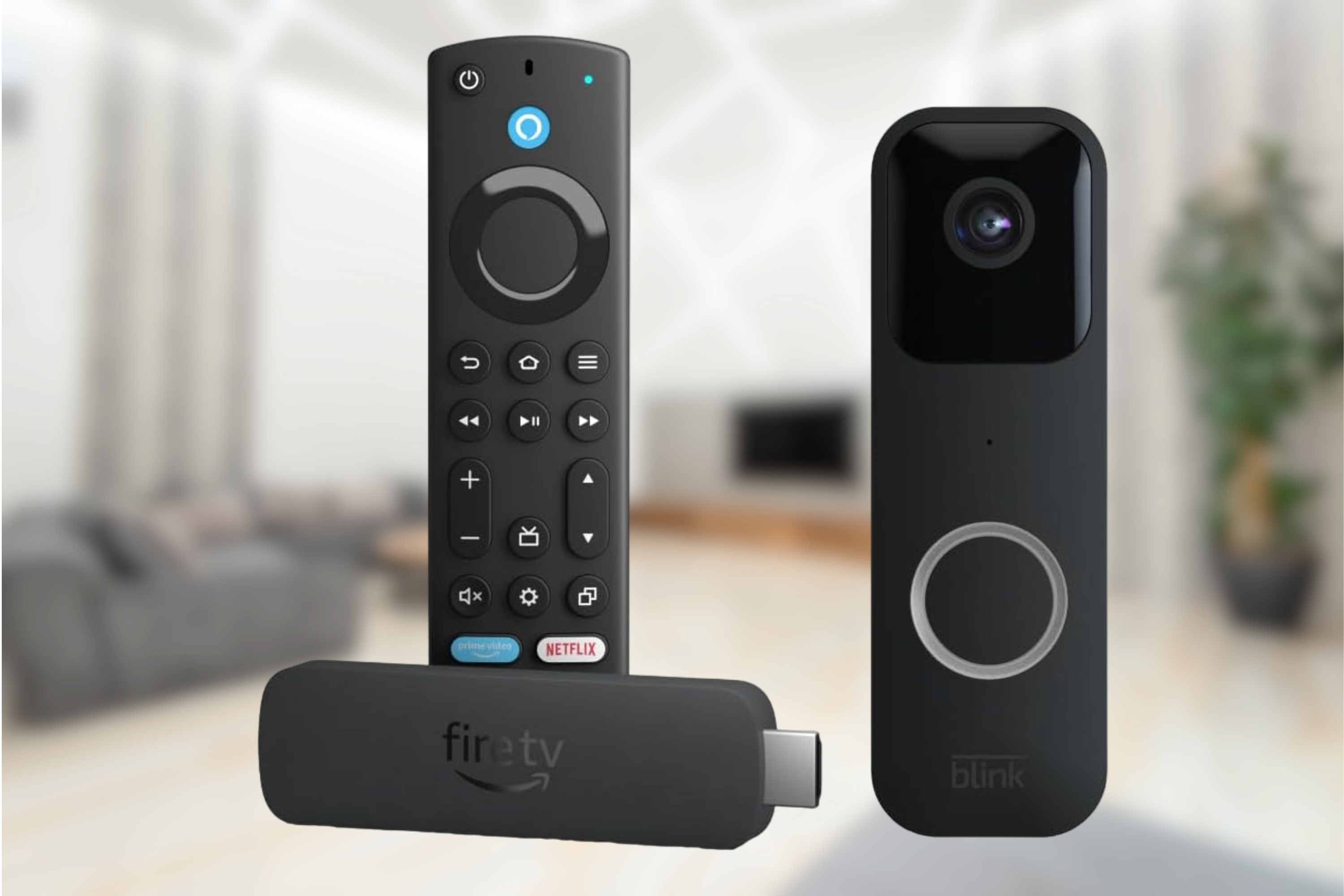 Amazon Fire TV Stick 4K Max bundle with Blink Video Doorbell on blurred living room background 