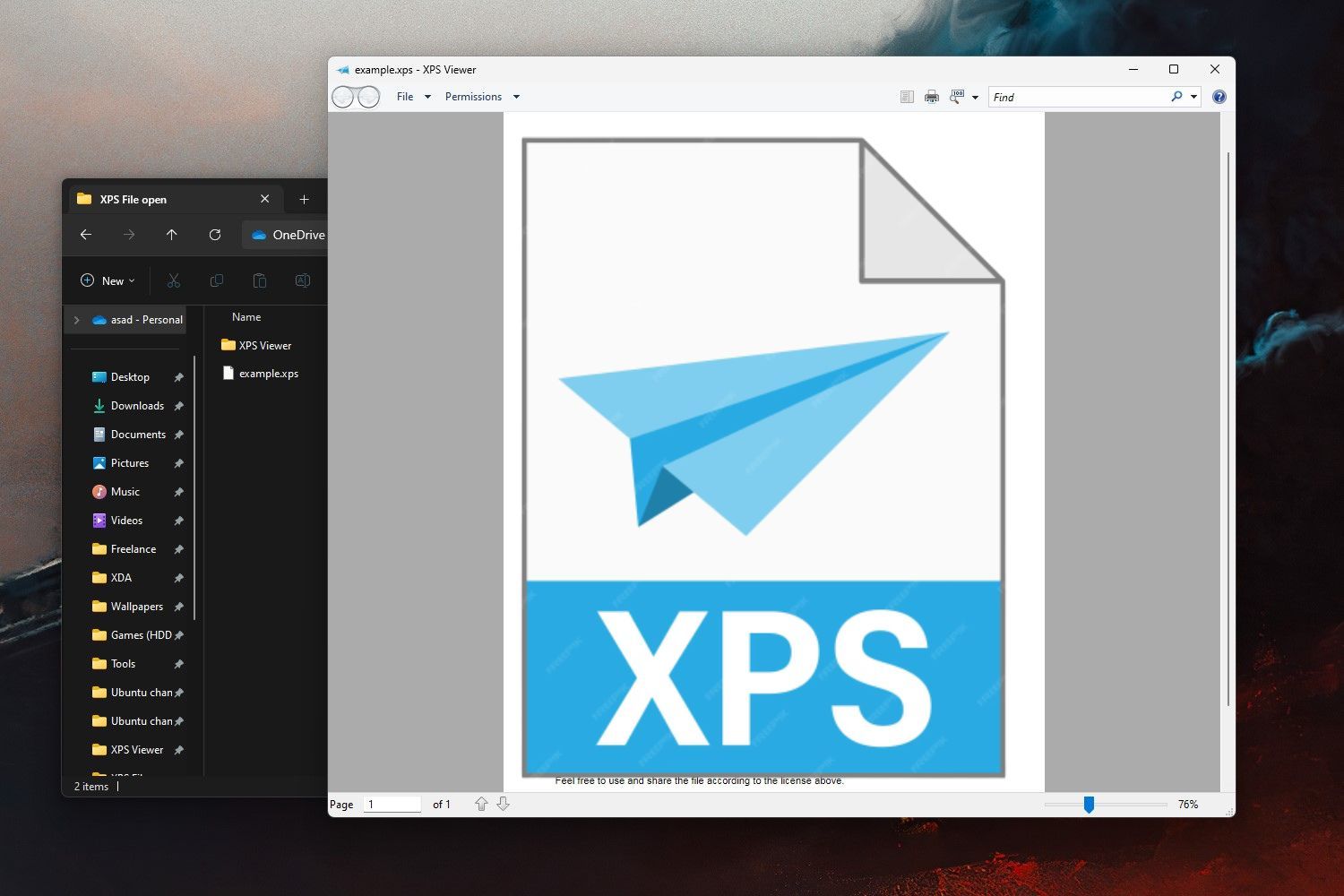 Screenshot of Windows 11 with an XPS file open in the XPS Viewer app. An XPS file icon is overlaid on top