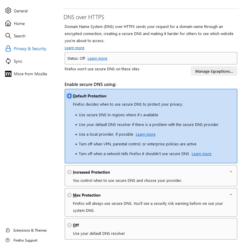 Una captura de pantalla de la configuración DNS sobre HTTPS de Firefox