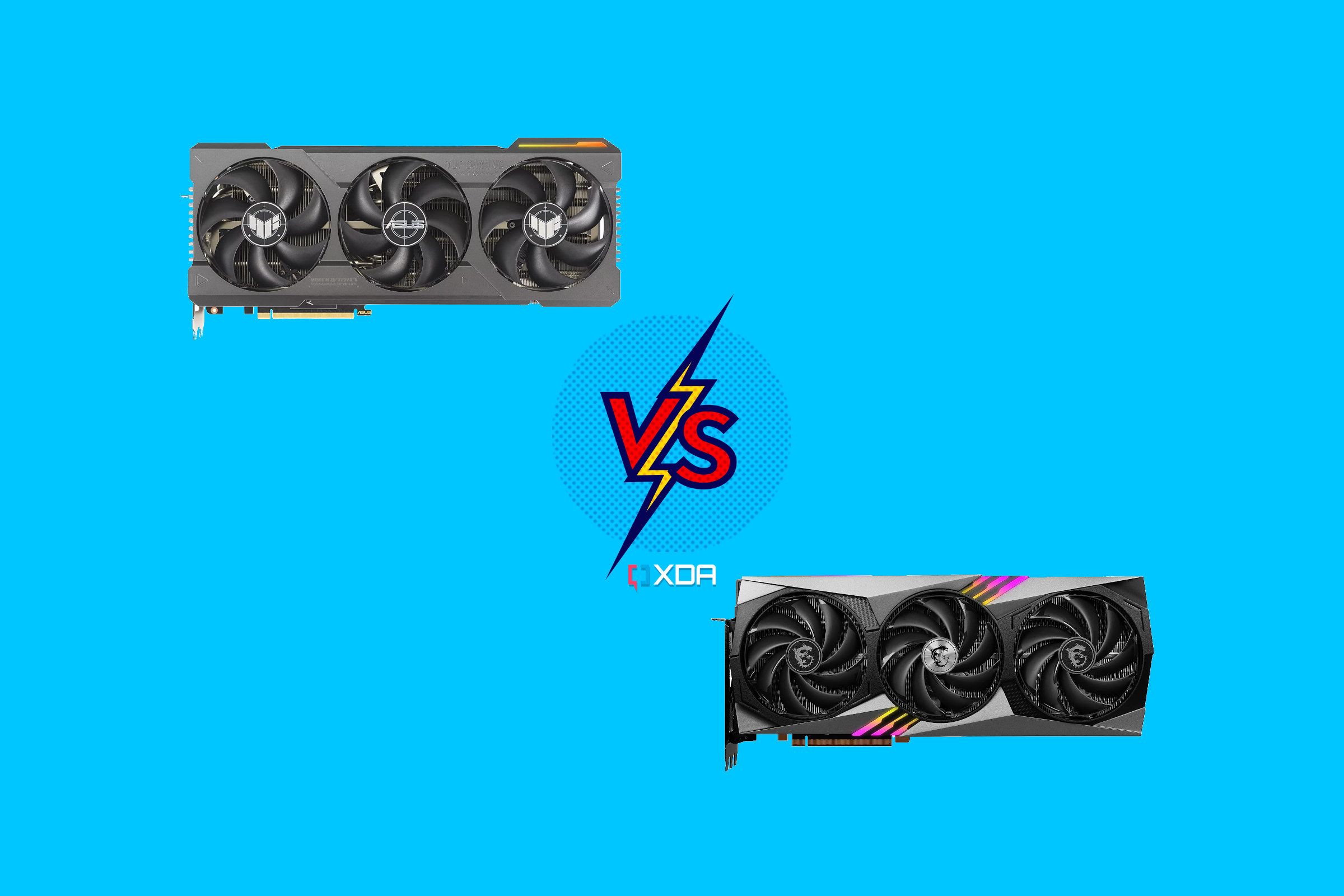 render of the asus tuf gaming nvidia geforce rtx 4080 graphics card arranged versus a render of the msi gaming x trio rtx 4080