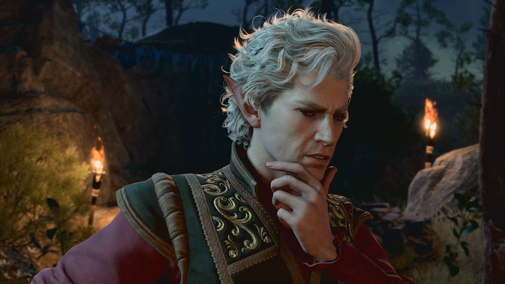 Close up of a character pondering with his hand on his chin from the game Baldur's Gate