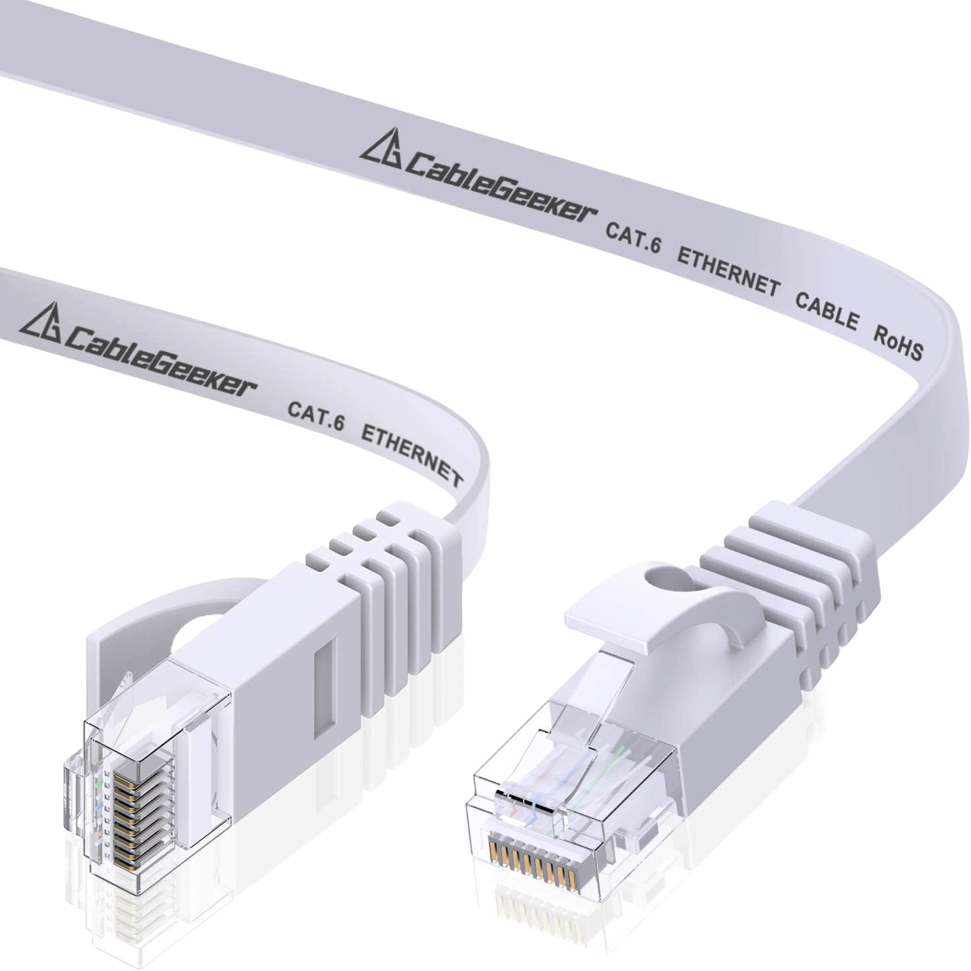 A render of the CableGeeker Cat6 flat Ethernet cable on a transparent background. 