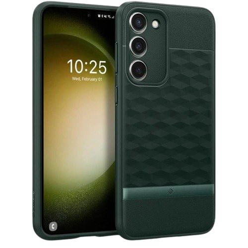 A render showing the Caseology Parallax for Galaxy S23+ in green color.