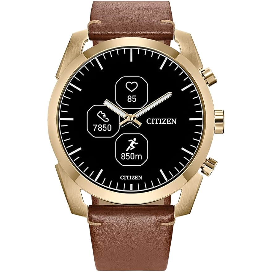 A Citizen CZ Smartwatch featuring IBM Watson in gold seen from the front showing the watch's face.