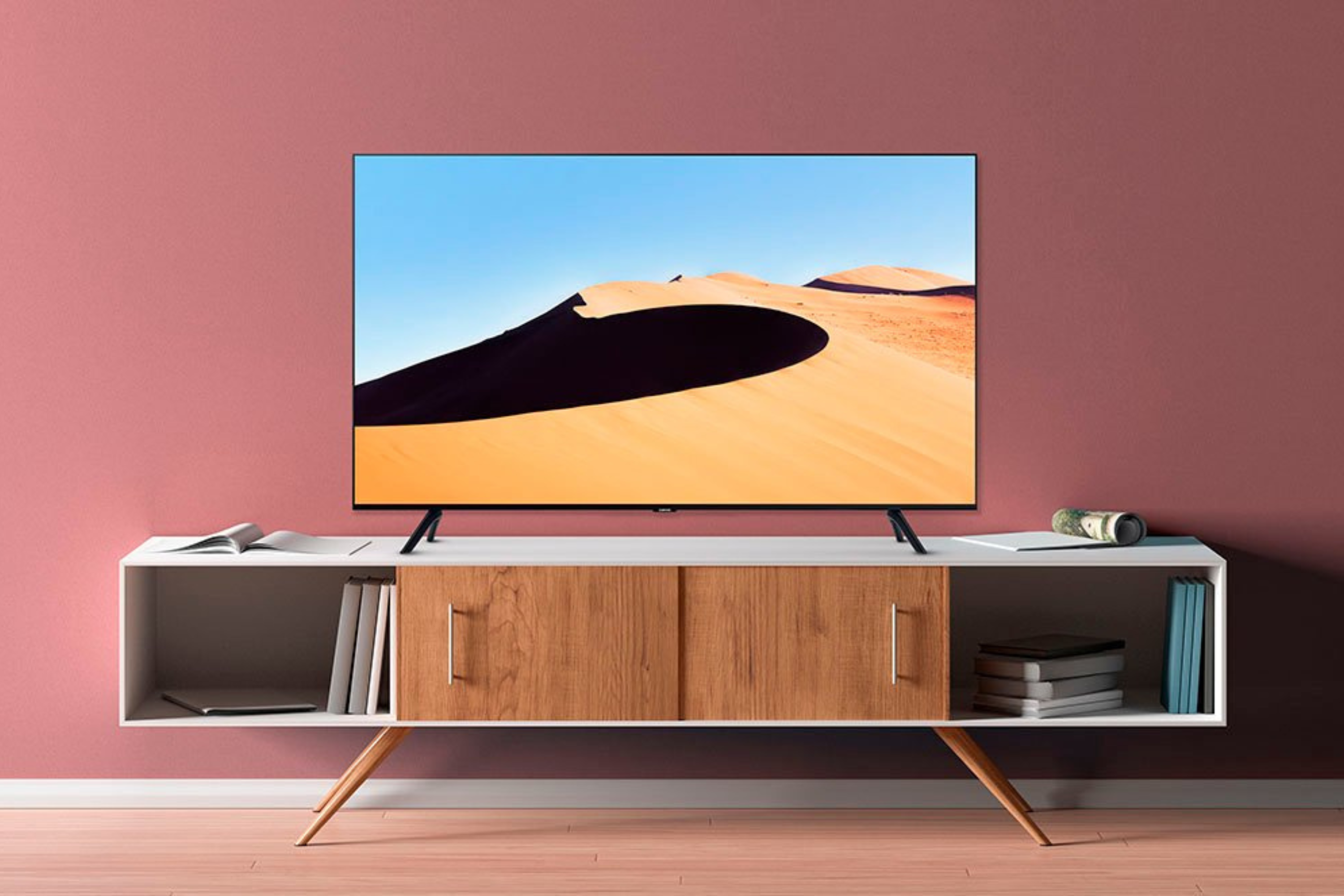 Samsung TU690T TV on TV stand 
