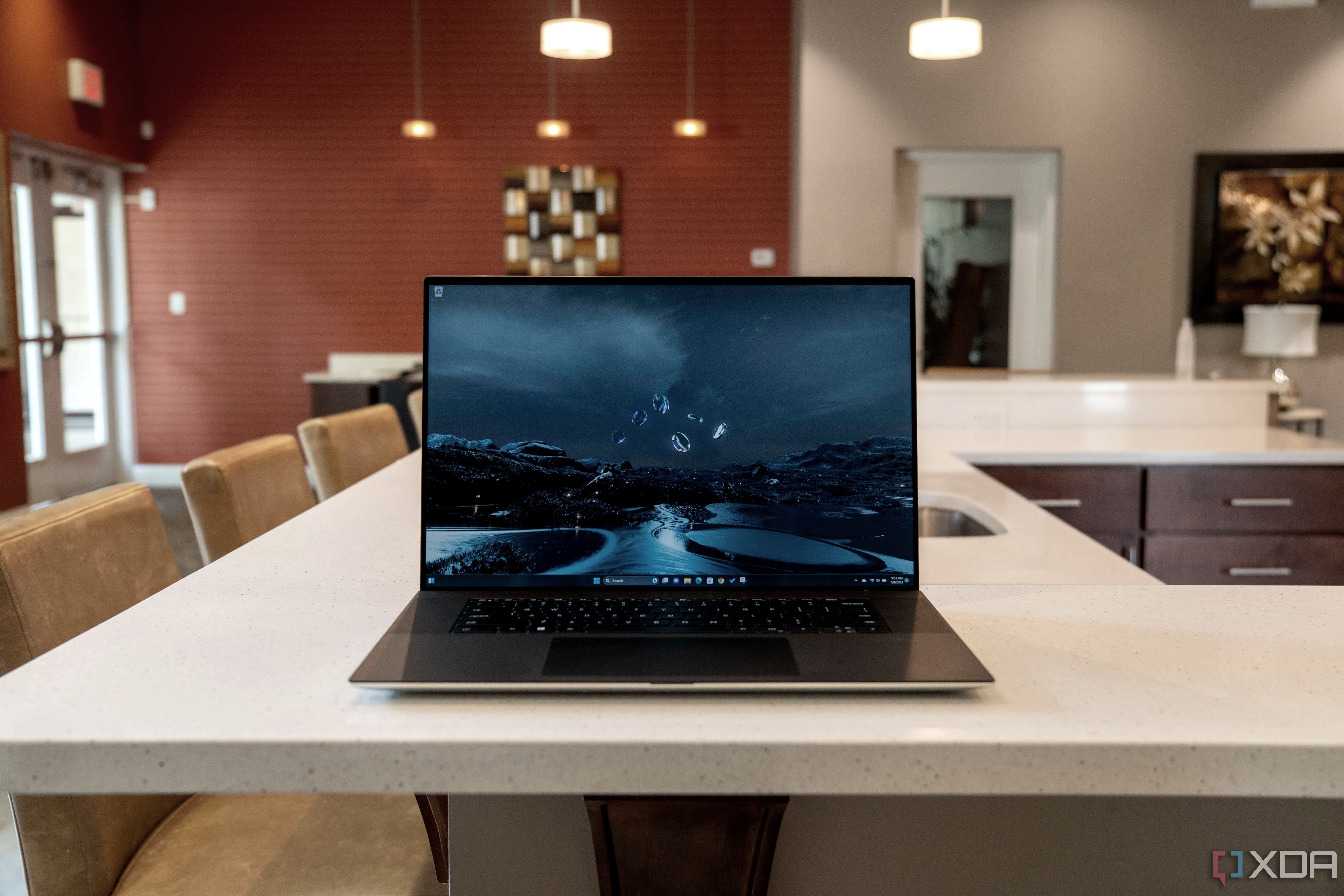 Front view of the Dell XPS 17 laptop on a marble countertop