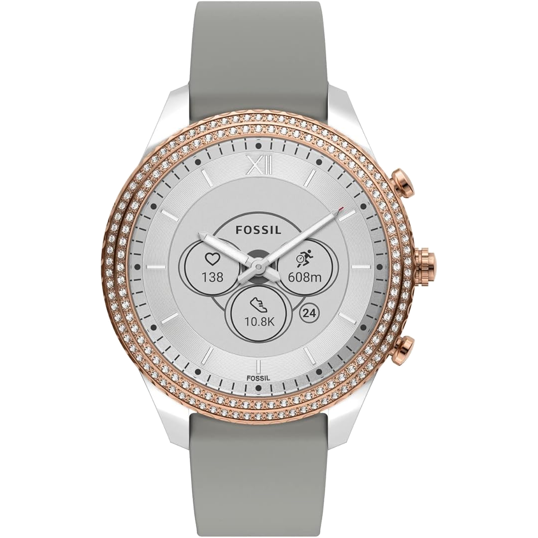 A Fossil Gen 6 Hybrid Smart Watch for Women seen from the front showing the silver watch face and golden frame and buttons on the right.