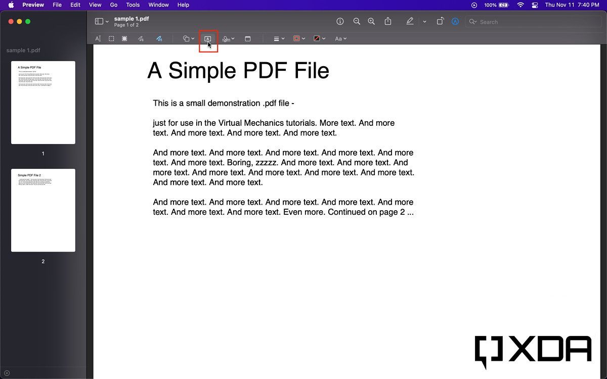 button in the pdf toolbar for adding text
