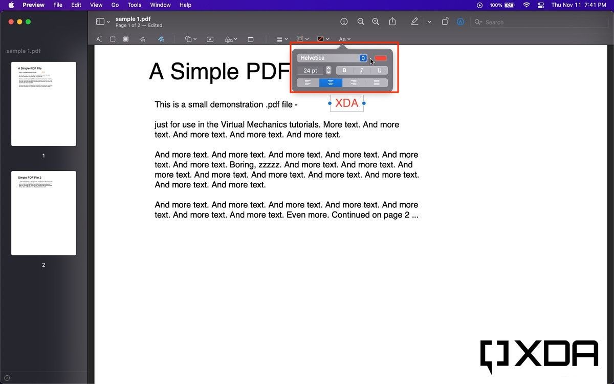 text settings such as font and color in pdf toolbar