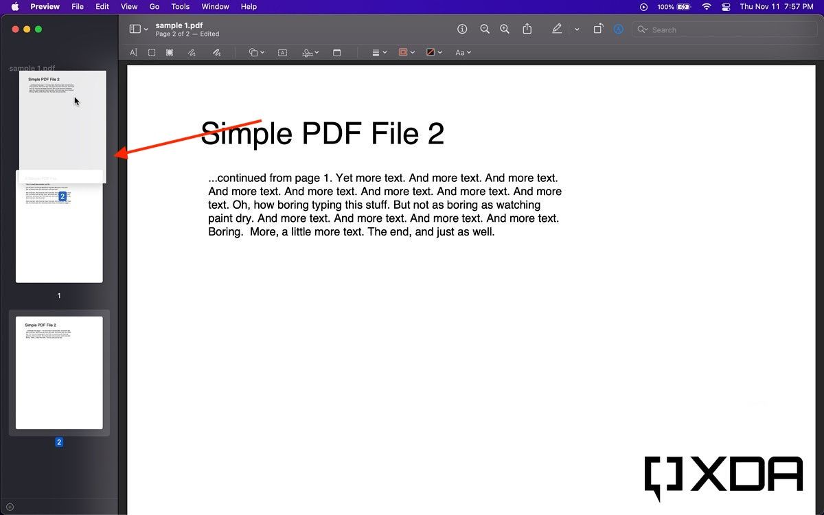 dragging one page of the pdf over the other in the sidebar