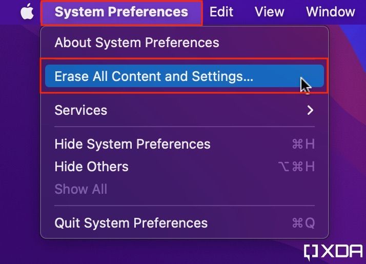 Erase All Content and Settings button in the System Preferences menu bar on macOS Monterey