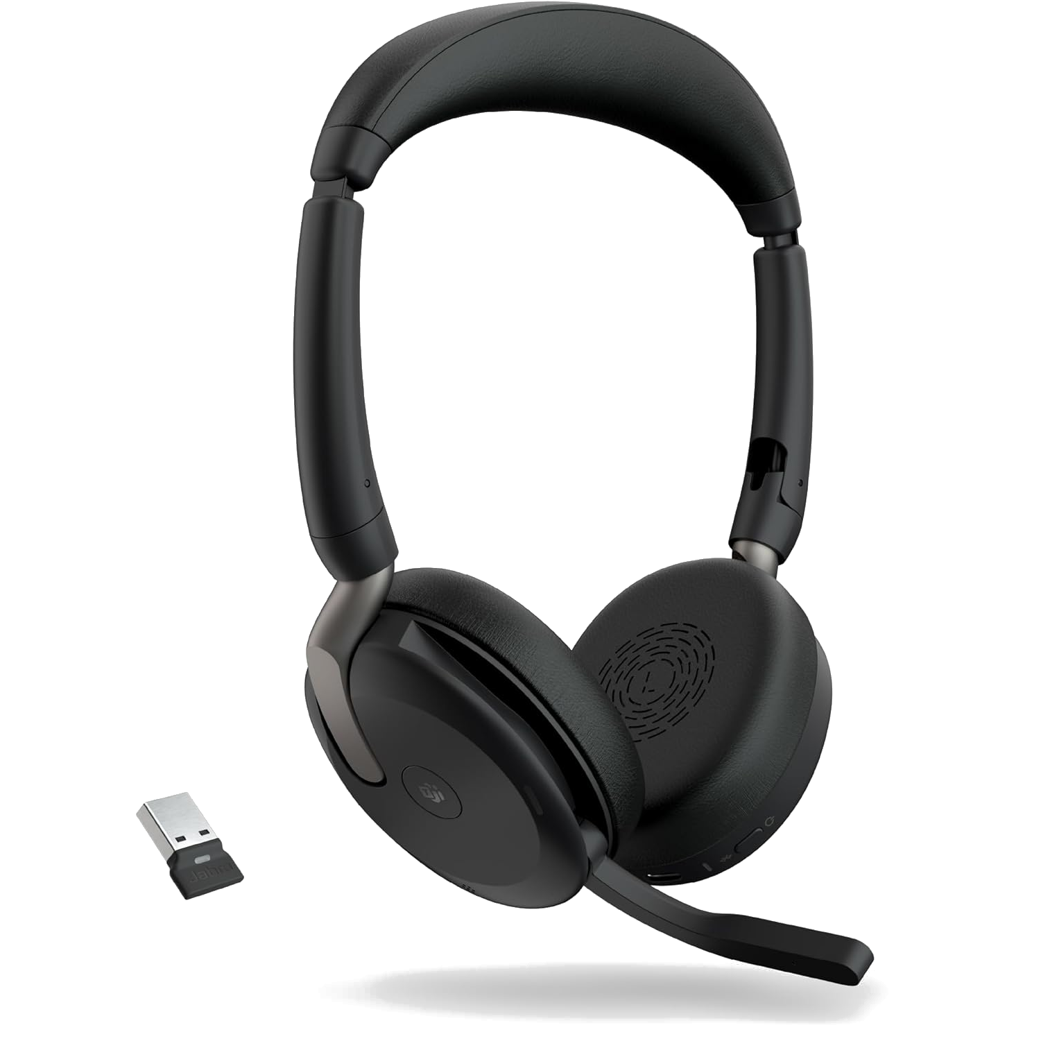 A Jabra Evolve2 65 Flex headset with its USB dongle at the bottom left side of the image.