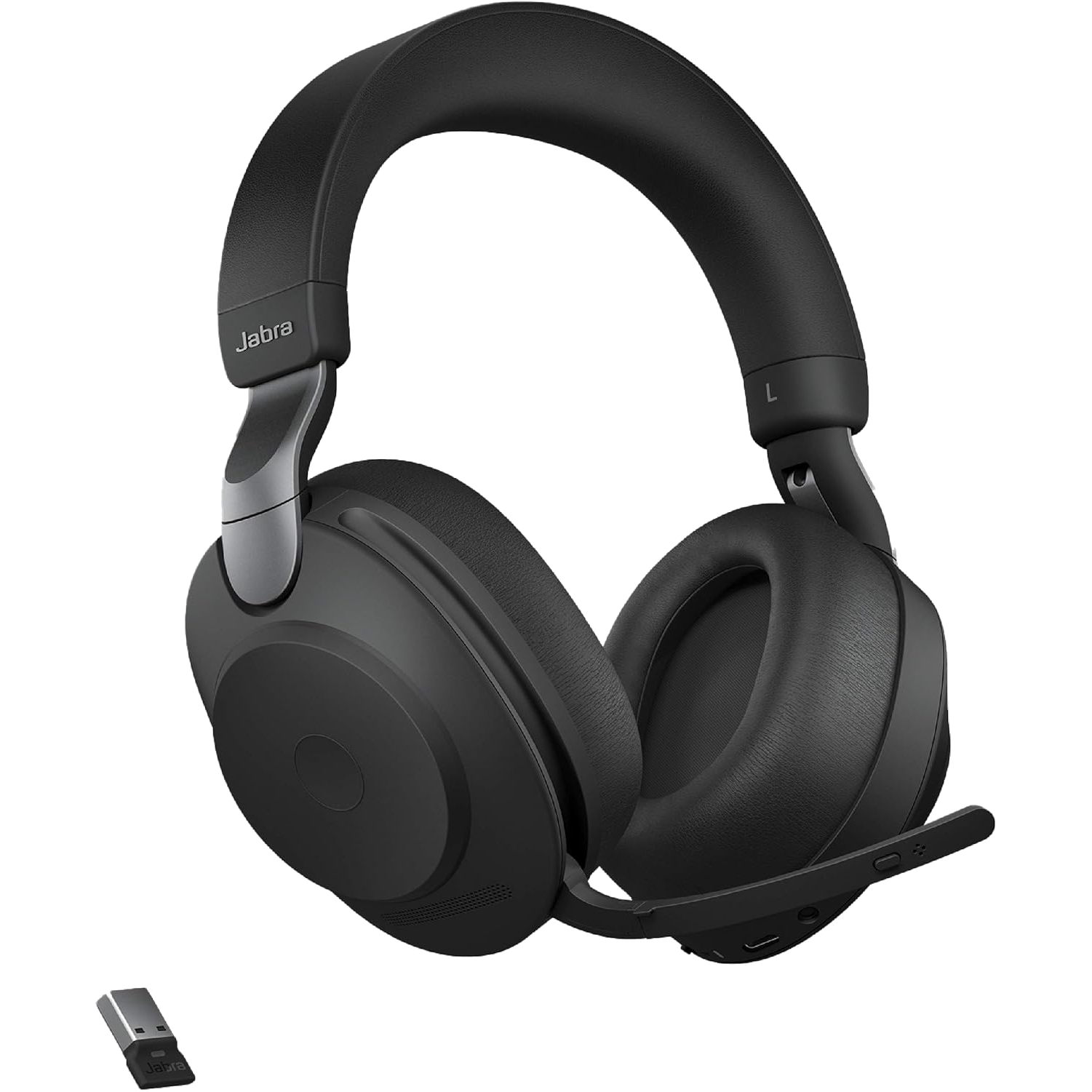 Un auricular Jabra Evolve2 85 y su adaptador USB en la esquina inferior izquierda de la imagen.