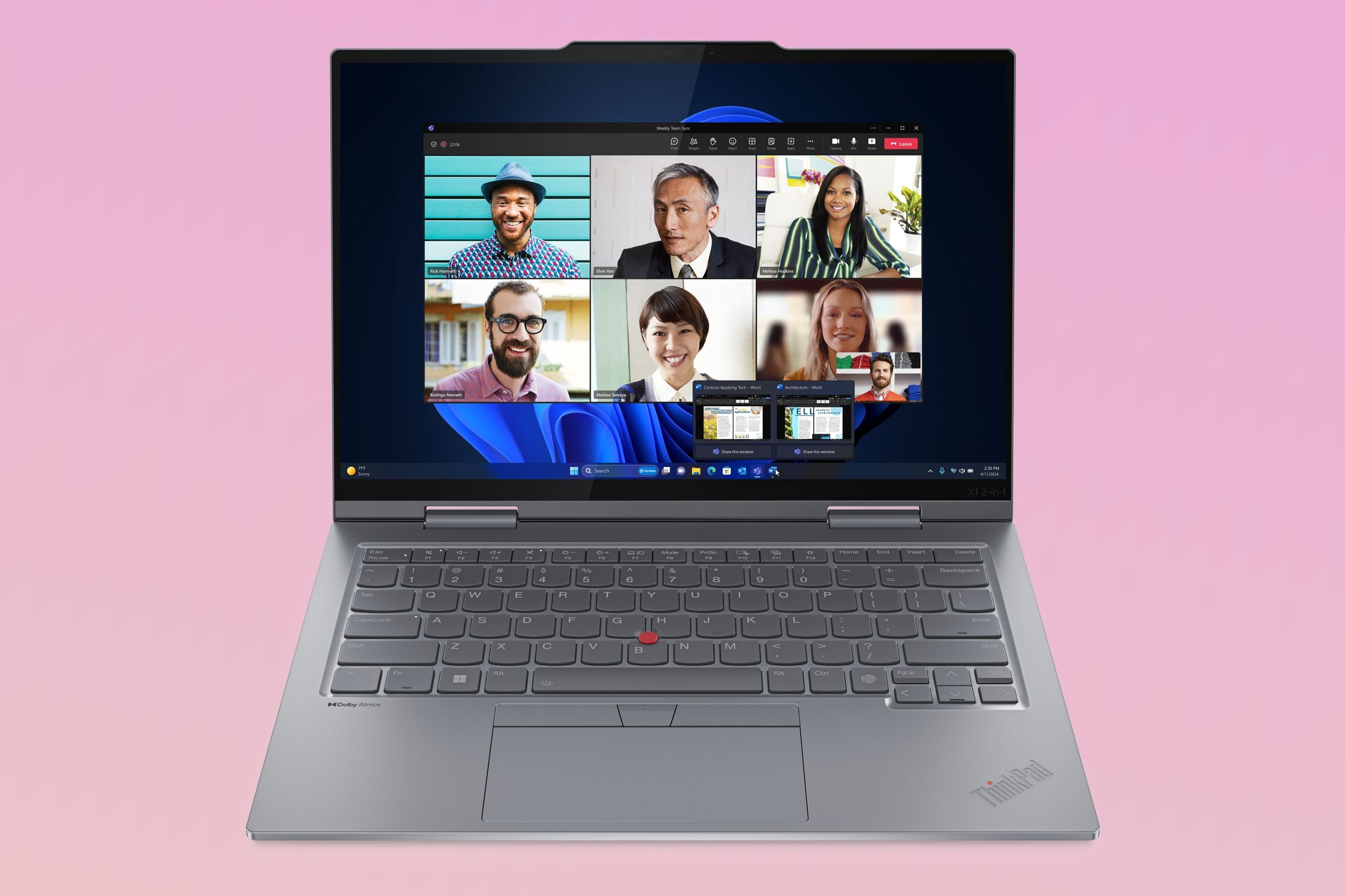 Front view of the Lenovo ThinkPad X1 2-in-1 Gen 9 over a pink gradient
