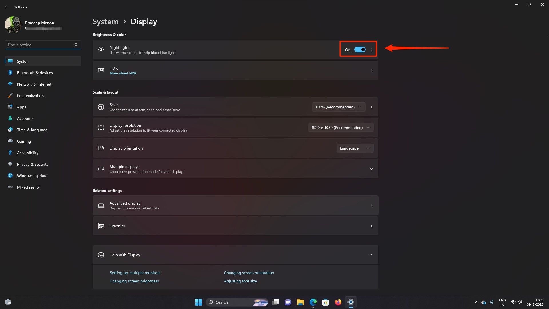 Luz nocturna en la configuración de pantalla en Windows 11