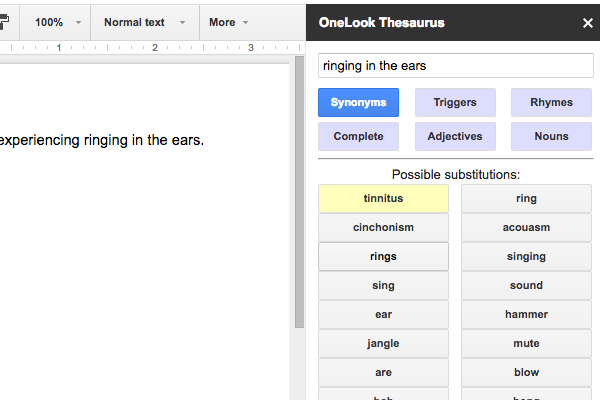 Complemento OneLook Thesaurus en Google Docs