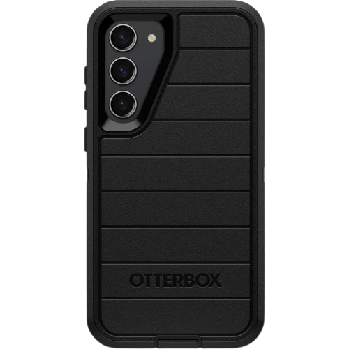 A render showing the OtterBox Defender case for Galaxy S23+ in black color.