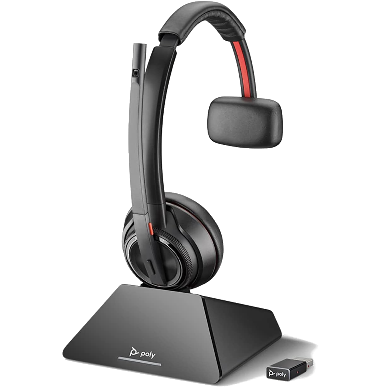 Un auricular Plantronics Savi 8210 en su soporte; solo tiene un auricular, el otro lado es solo una almohadilla.