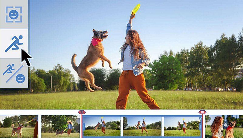 Adobe premiere elements showing motion detection in a video of a person playing fetch with a dog